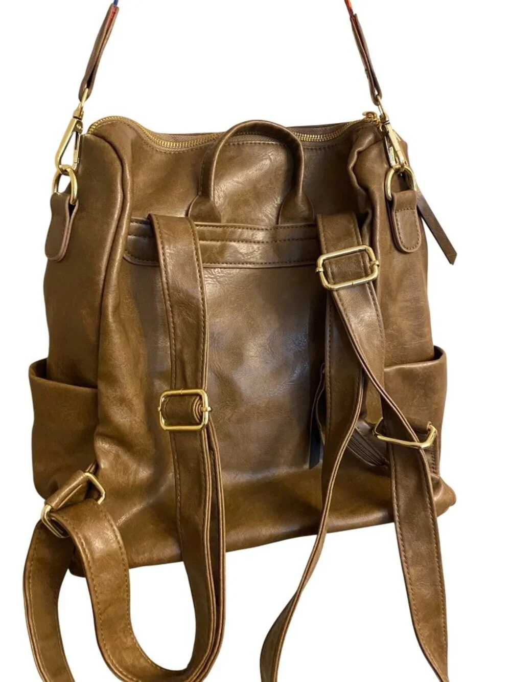 Brown Faux Leather Backpack Purse Colorful Adjustable Guitar Strap Gold Accents